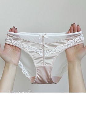 女低腰诱惑包臀透明三角裤黑色~ 纯欲性感蝴蝶结缎面蕾丝内裤