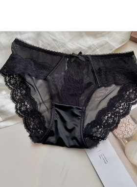 法式透明网纱低腰包臀棉裆复古蕾丝内裤少女性感镂空三角裤头黑色