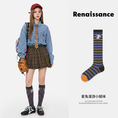 Renaissance原创女袜条纹星兔动物小腿袜秋夏透气显瘦长筒袜子女
