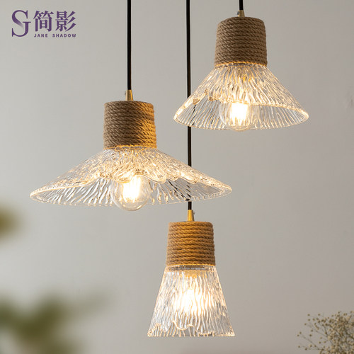 日式侘寂风吊灯餐厅吧台床头麻绳复古工业玻璃创意个性三头灯具