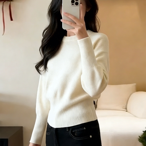 韩系春秋百搭显瘦圆领针织毛衣女