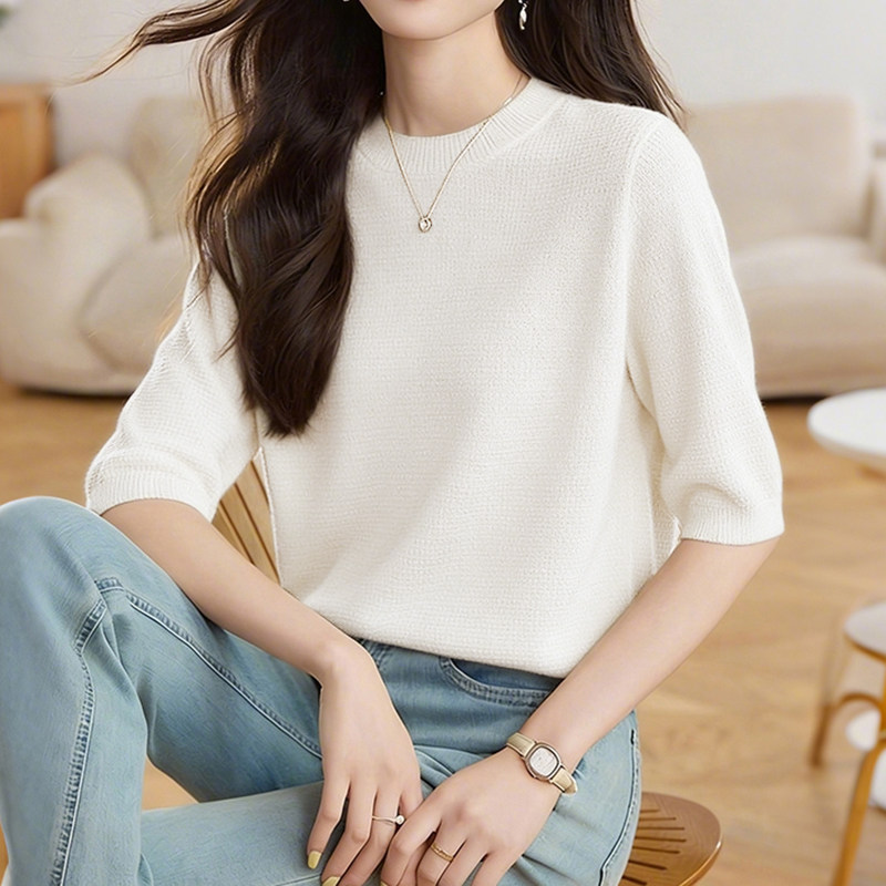 春秋款圆领针织衫女款爆款2026新款高级感宽松休闲显瘦五分袖上衣