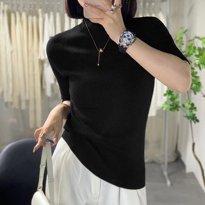 五分袖打底衫女款2026春秋新款修身显瘦羊毛针织衫半高领中袖上衣