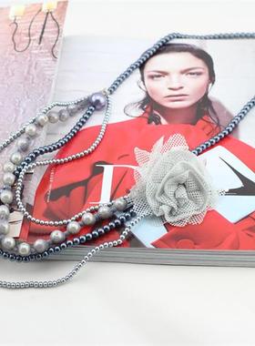 韩版甜女 布艺花朵 长款多层毛衣链 胸针珍珠项链两用