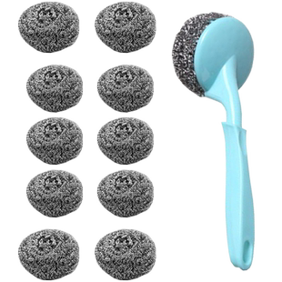 HOUYA钢丝球套装10球1柄刷锅家用厨房厨卫用长柄清洁球刷子套装