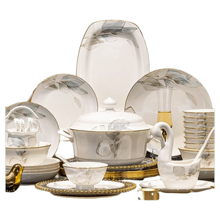 仟造轻奢碗碟套装家用简约中式风2025新款碗盘陶瓷景德镇餐具碗具