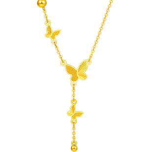 周大福精美立体蝴蝶流苏足金黄金吊坠项链女计价EOF1058