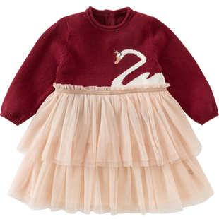 戴维贝拉女童连衣裙2025新款秋装儿童拼接网纱裙宝宝洋气公主裙