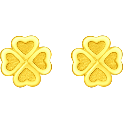 周大福爱心幸福四叶草足金耳钉
