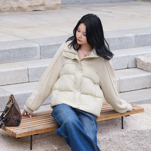 针织拼接设计感短款羽绒服外套
