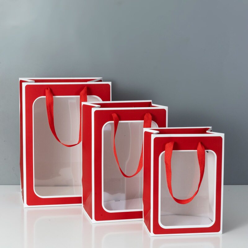 现货手提式教师节透明开窗鲜花纸袋礼物玩偶白卡牛皮纸礼品袋