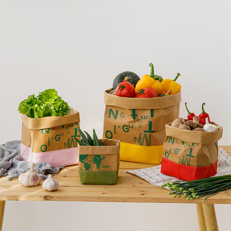 庭墨可水洗双色牛皮纸收纳袋潮流风花盆浴室防水蔬菜纸袋手提