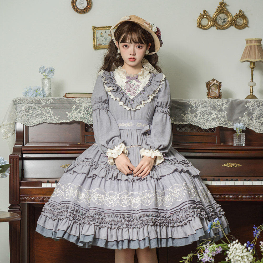 原创设计重工洛丽塔洋装日常少女小裙子华丽复古op长袖连衣裙现货
