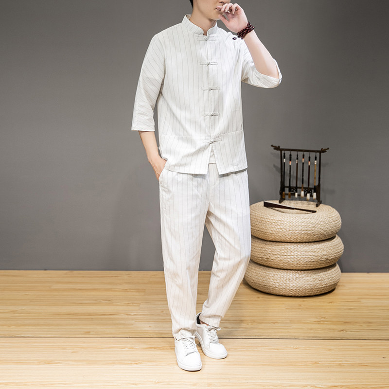 宽松文艺棉麻条纹套装男立领衬衫哈伦休闲裤两件套TZ68/100,男装衬衫,电商A221A