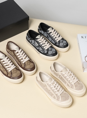 新真皮复古时尚系带厚底女鞋拼色圆头布面透气休闲板鞋Van hongo