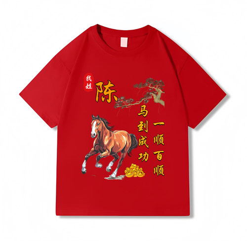 中国风红色本命年姓氏印花T恤