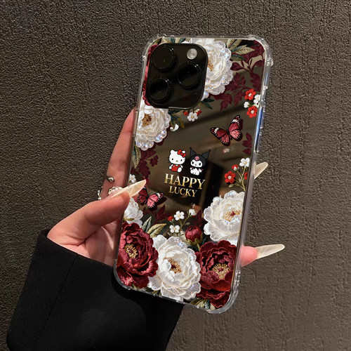 高级感花朵KT猫适用iPhone17苹果15手机壳16ProMax库洛米荣耀90可爱14华为Mate镜面P80女oppo小米viv一加三星