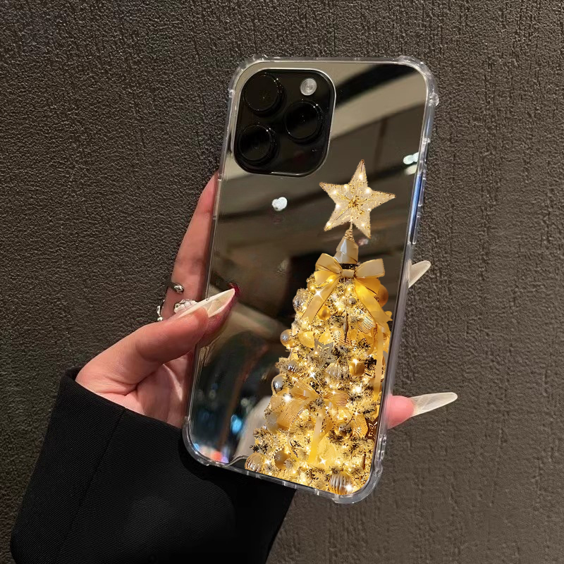 金圣诞树镜面iPhone17华为手机壳