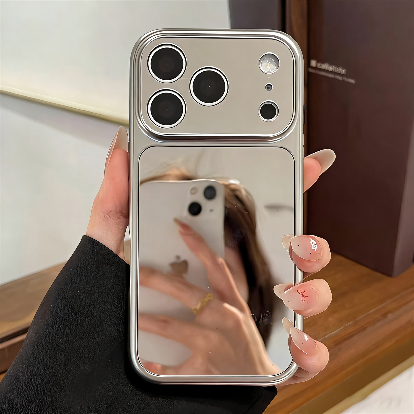 ins风高级感大视窗适用iPhone17苹果14手机壳16ProMax极简15镜面14网红补妆镜13电镀银12少女款X全包11保护套