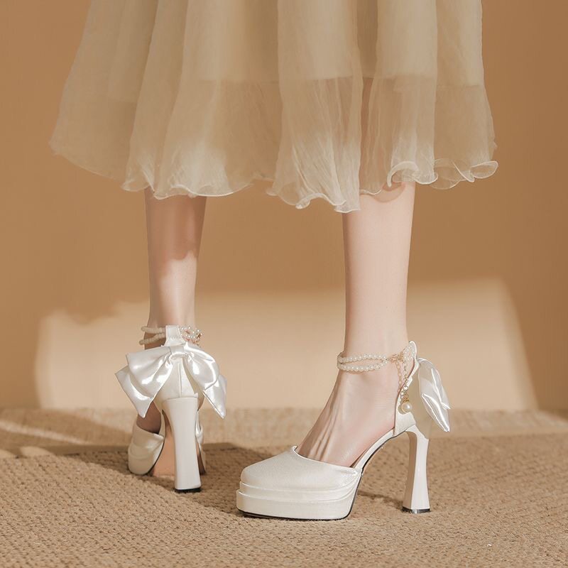 法式珍珠防水台高跟鞋仙女粗跟绸缎婚鞋新娘鞋一字带复古大码单鞋,女鞋,时装凉鞋,淘宝优惠券,粉丝福利购,淘宝优惠卷