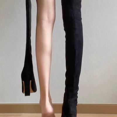 2025秋季粗跟绒面高筒弹力新款靴尖头高跟长筒靴过膝长靴女瘦瘦靴