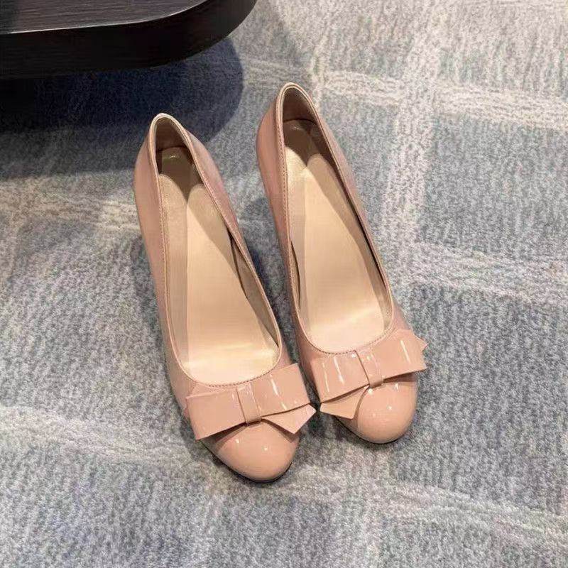 裸色圆头单鞋女漆皮高跟鞋夏季细跟女鞋不累脚气质名媛浅口蝴蝶结,女鞋,时装凉鞋,淘宝优惠券,粉丝福利购,淘宝优惠卷