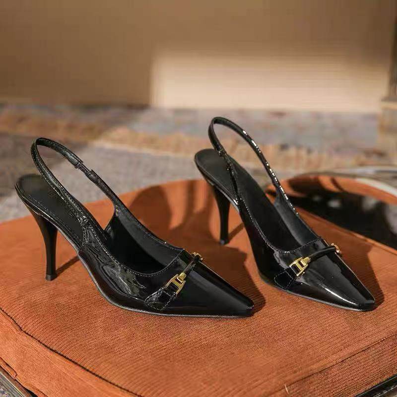 2025新款黑色包头法式绝美夏季漆皮后空单鞋细跟高跟凉鞋高跟鞋女