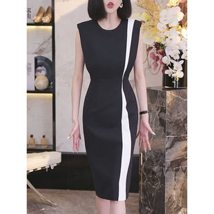 新款 圆领连衣裙夏季 气质收腰显瘦A字6178 潮流女裙拼接无袖 法式