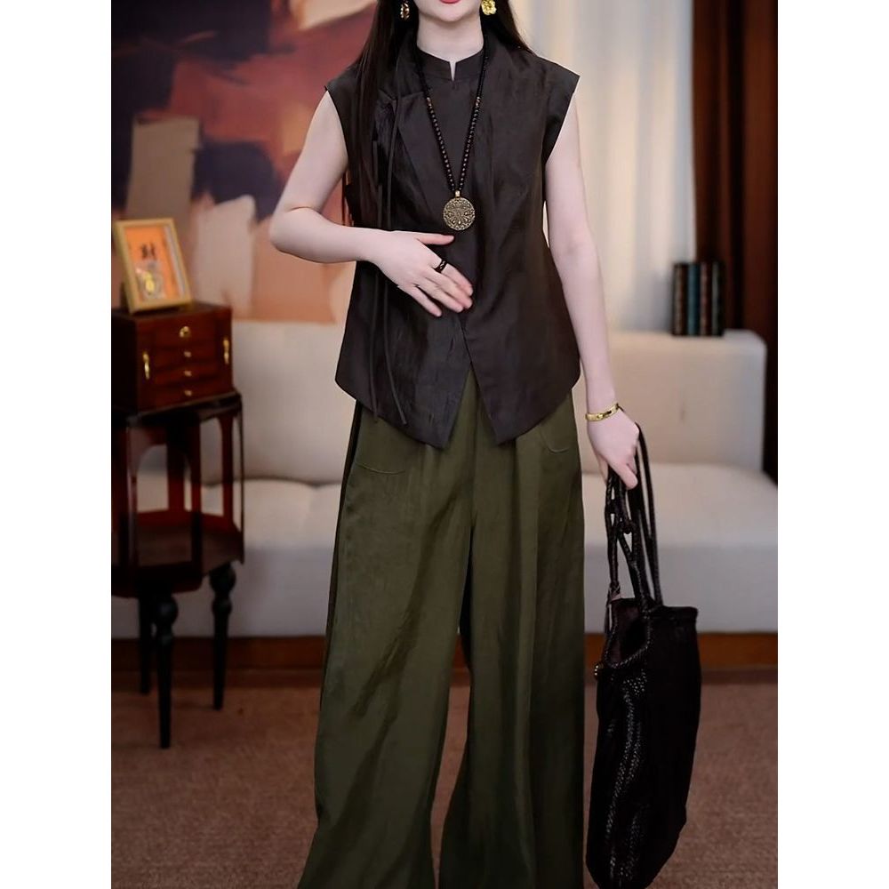 夏季新款女士洋气减龄长裤套装女时尚百搭显瘦纯色无袖衬衫阔腿裤