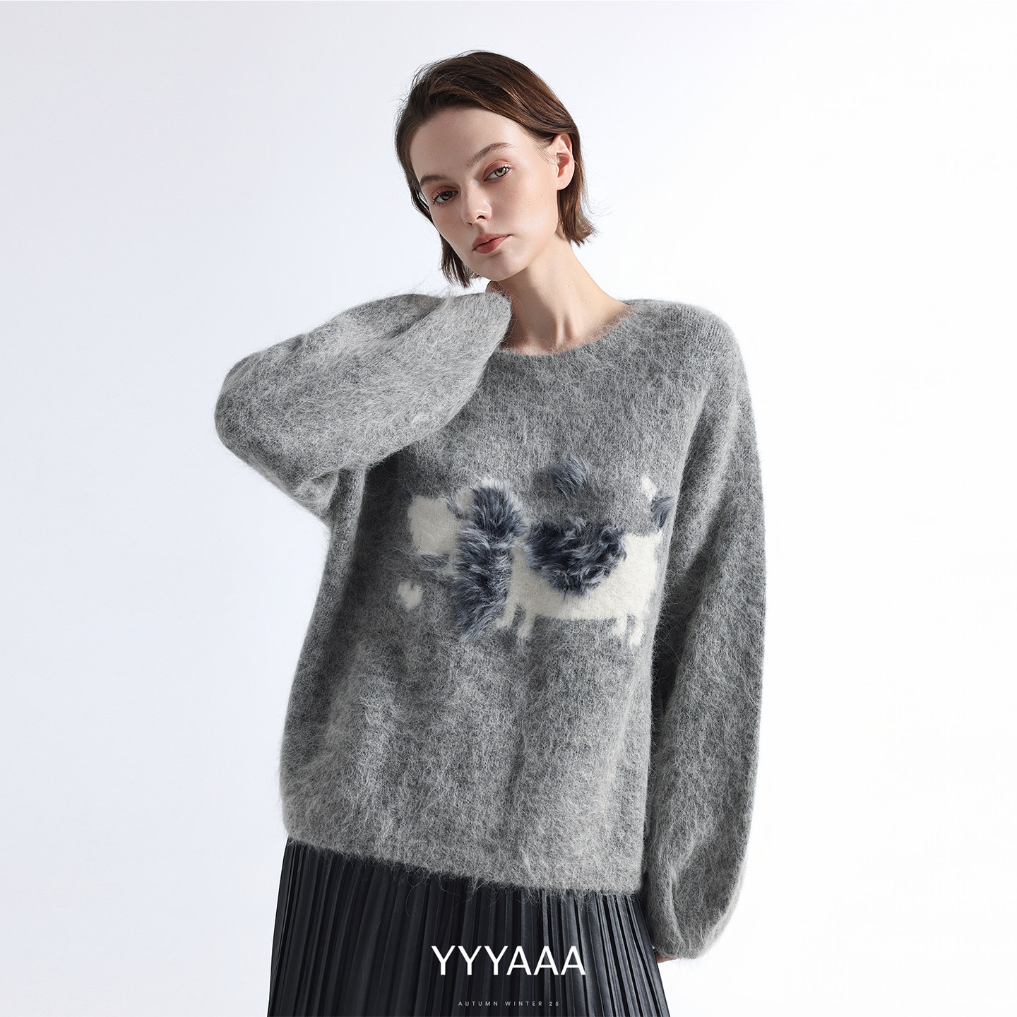 羊驼毛小狗毛衣女立体提花针织衫