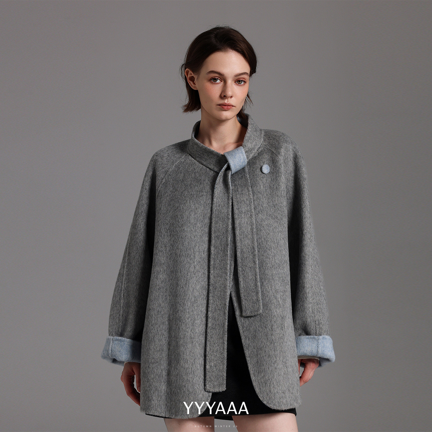 YYYAAA撞色飘带绵羊毛兔毛桑蚕丝双面呢宽松大衣外套