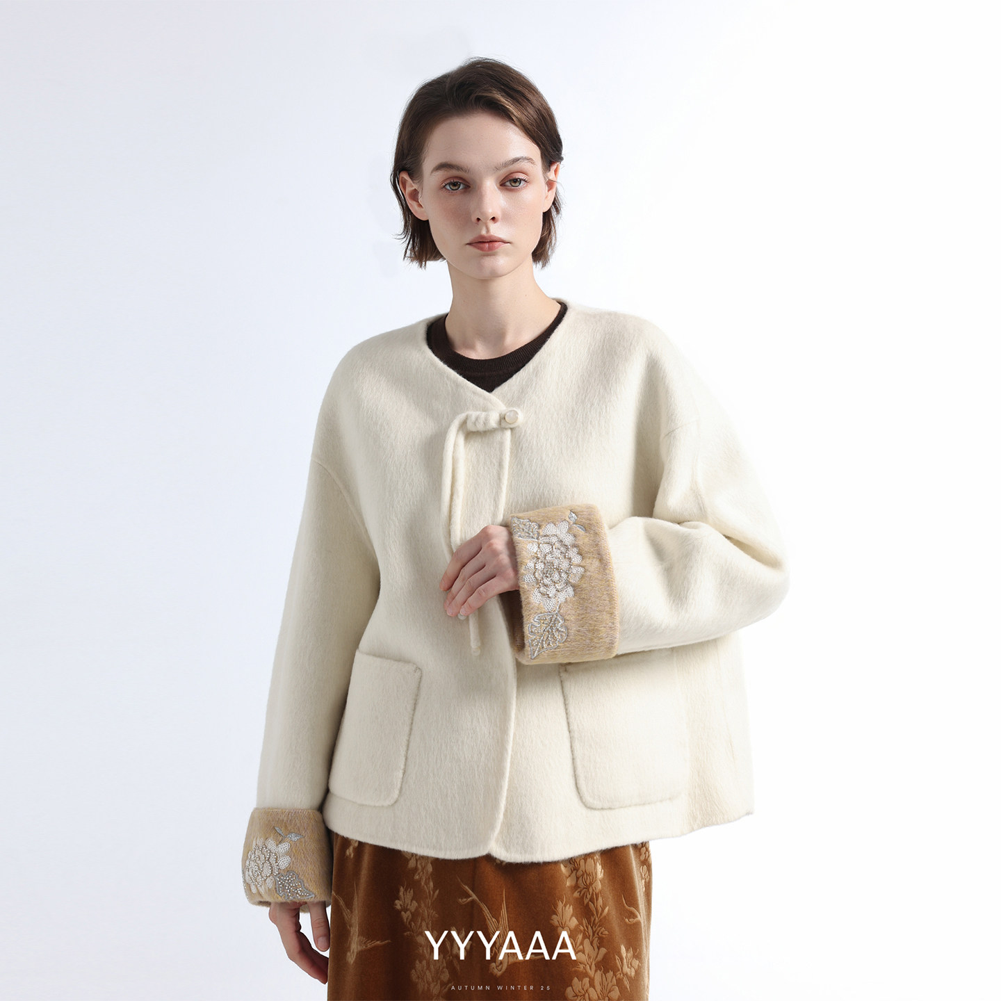 新中式桑蚕丝亮片双面毛呢外套