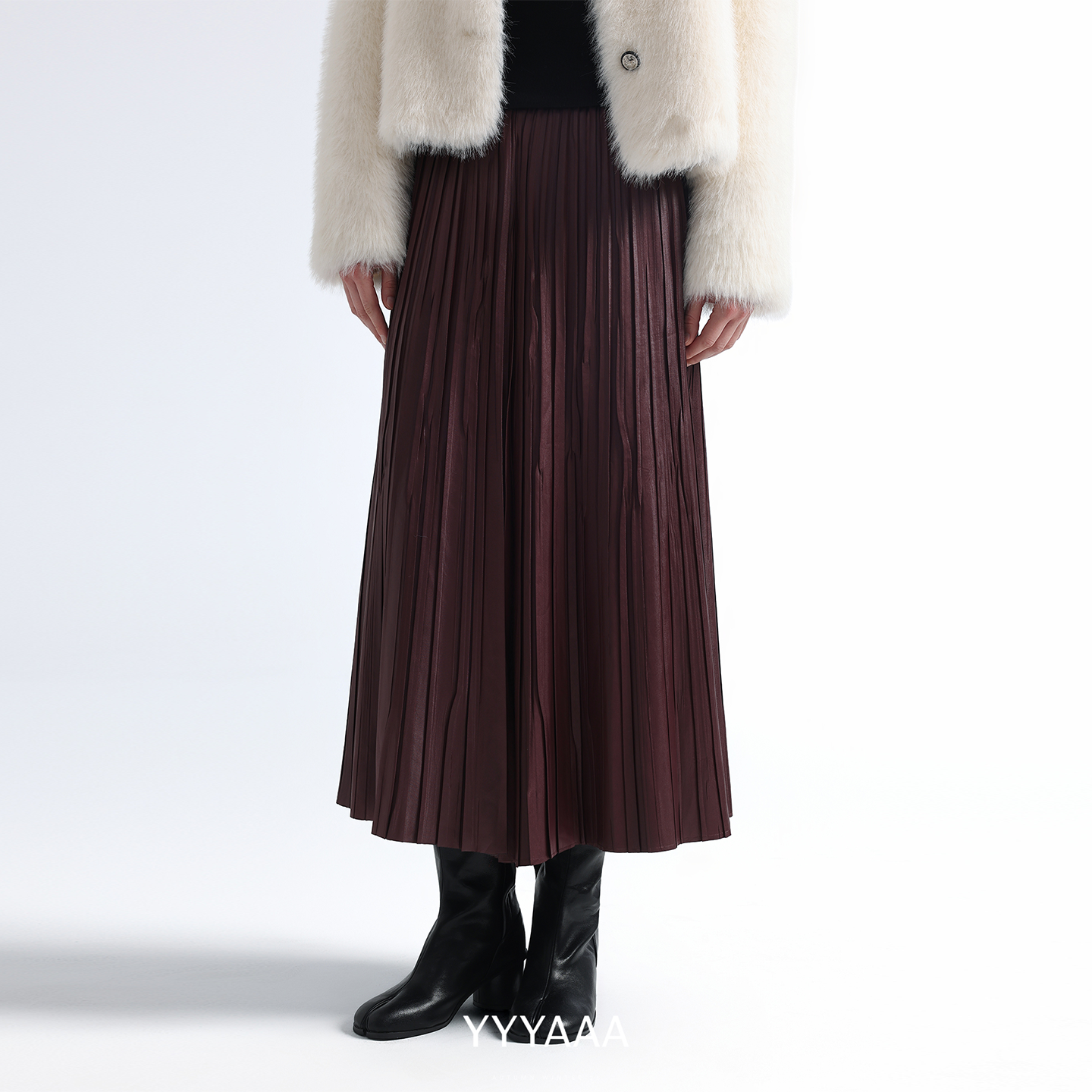 YYYAAA肌理感压褶百褶半身裙女秋冬季2025年定制光泽纯色中长长裙