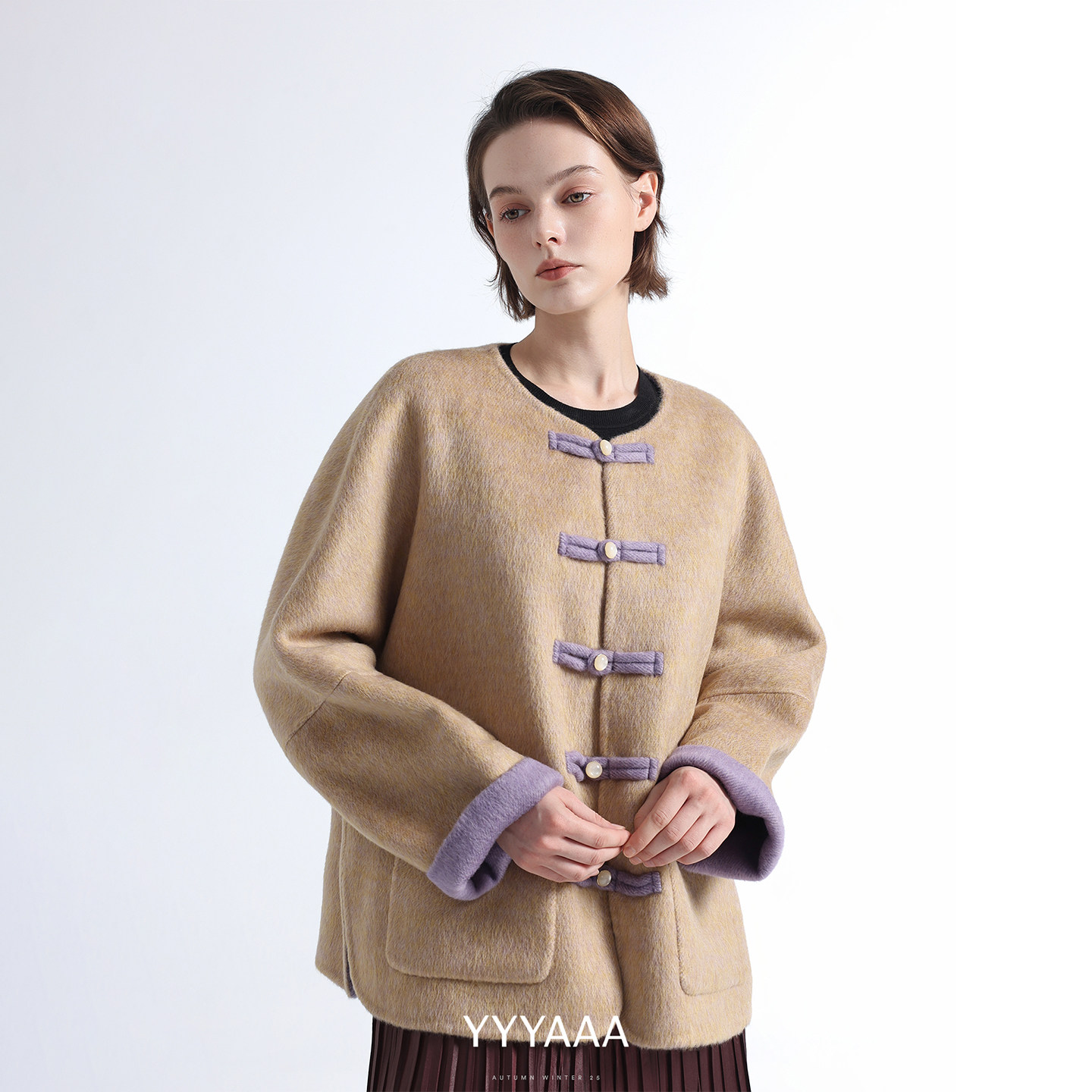 YYYAAA新中式盘扣撞色双面呢大衣秋冬外套女