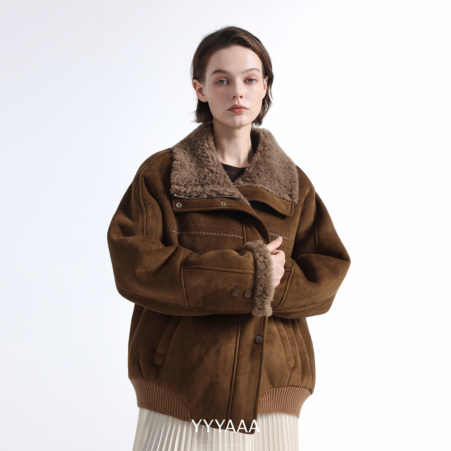 麂皮加绒皮毛一体皮草外套