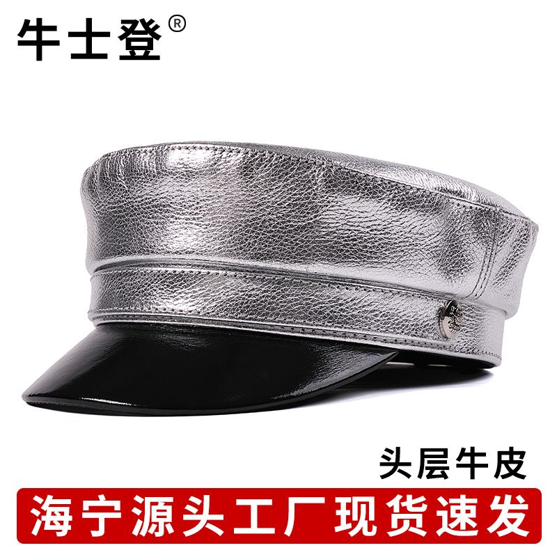 牛皮帽子秋冬真皮帽子男女英伦学生帽平顶韩版潮鸭舌青年平顶海军