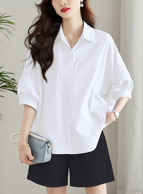 白色五分袖衬衫女装棉质翻领中袖2026夏款宽松显瘦上衣衬衣通勤风