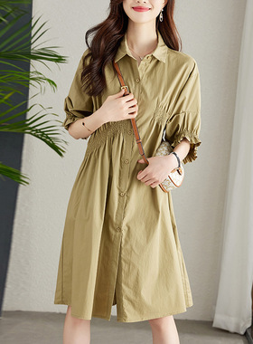 卡其色衬衫连衣裙女夏新款收腰显瘦气质通勤百搭五分袖中长款裙子