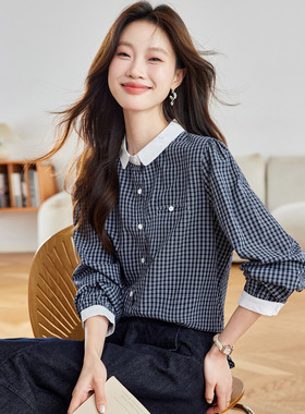 拼色格子长袖衬衫女装2026年春季新款宽松韩范百搭休闲衬衣