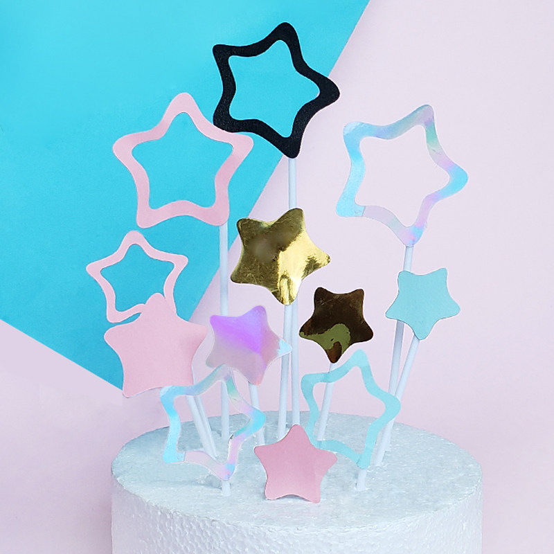 清新粉色蓝色 许愿星星生日蛋糕装饰插件 金银黑色可爱五角星插牌