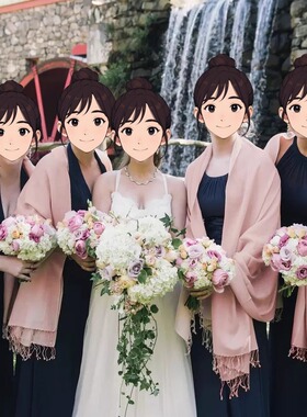 粉色披肩伴娘姐妹服外搭秋冬厚款