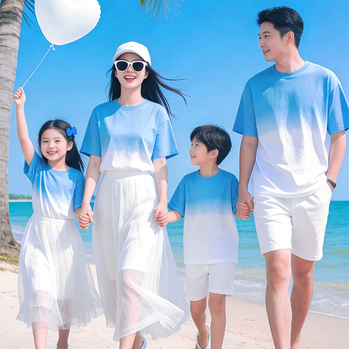 夏季海边度假亲子渐变短袖T恤
