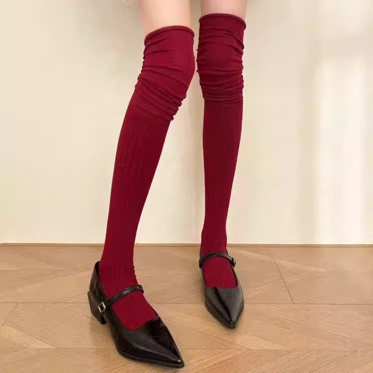 酒红色竖条纹过膝袜女秋冬百搭显瘦堆堆袜学院风长袜