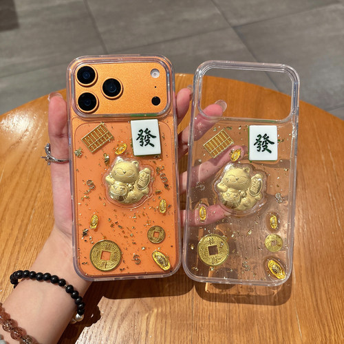 适用 IPhone 17 16 15 Pro max新年款滴胶发财招财猫手机壳苹果 11 12 13 14 plus全包17Air麻将發保护套批发