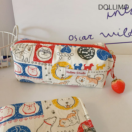 Dollimo 柴犬狗狗小众可爱布艺大容量笔袋 ins古朴高级感笔袋高中学生复古风文艺女生少女文具盒化妆包收纳袋