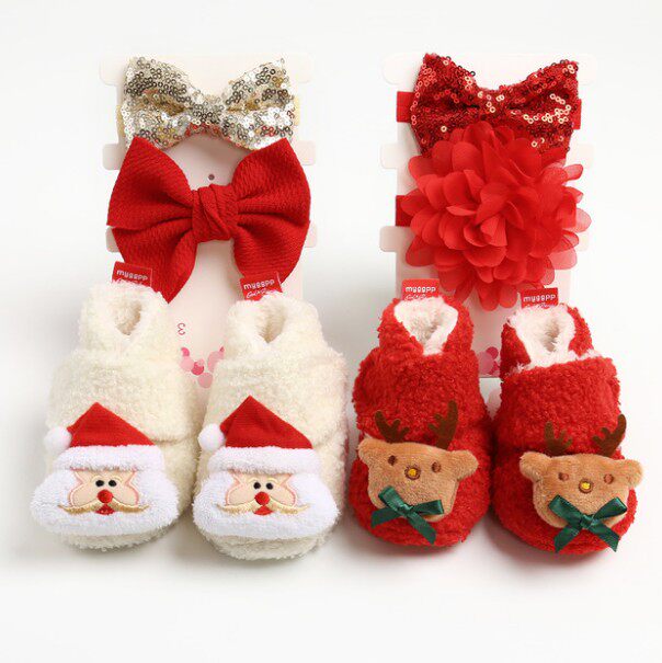 冬0-1卡通圣诞棉鞋男女宝宝保暖鞋婴儿鞋棉靴软底学步鞋防掉绒面