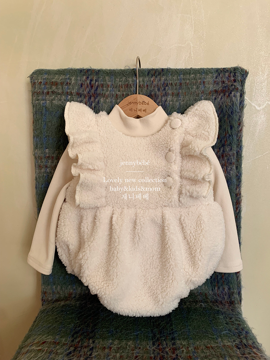 24冬韩版婴儿羊羔毛爬服女宝宝0-2岁可爱保暖毛毛小飞袖连体哈衣