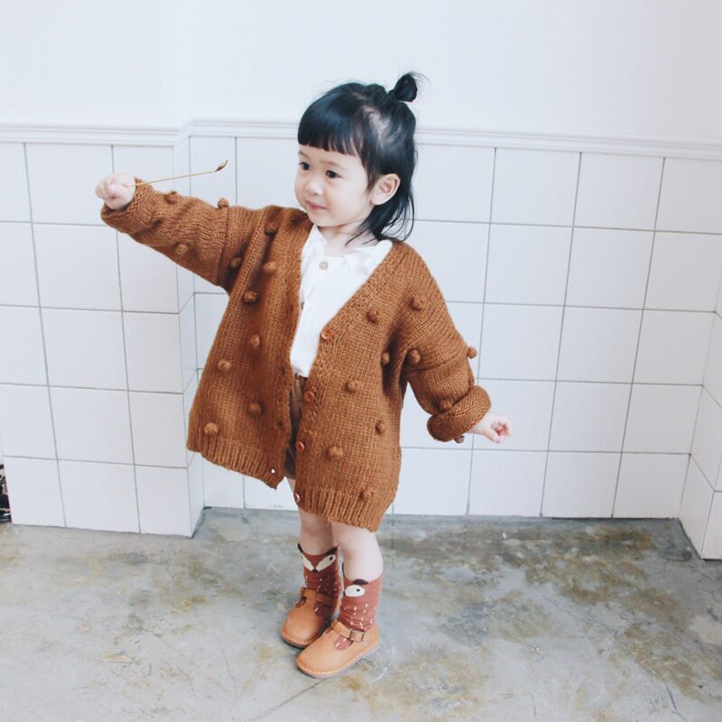 2024秋季婴儿立体球球纯色棉线毛衣 0-5岁女宝宝童装开衫外套大衣