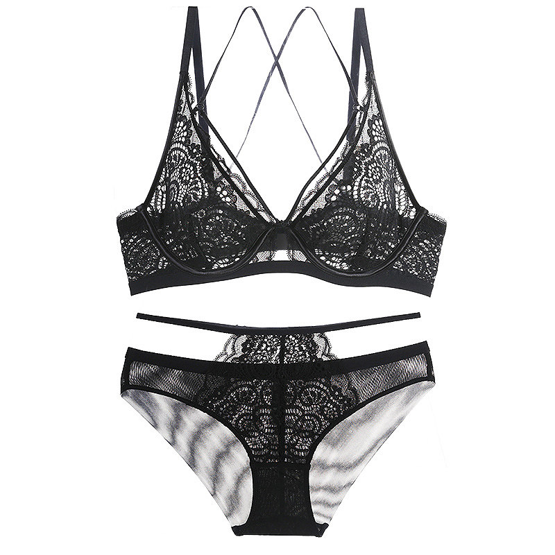 夏季透明黑色大码大胸全罩杯内衣套装女b杯c杯d罩杯性感蕾丝文胸