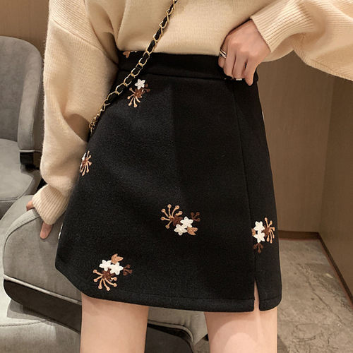 大码毛呢刺绣短裙胖mm开叉半身裙